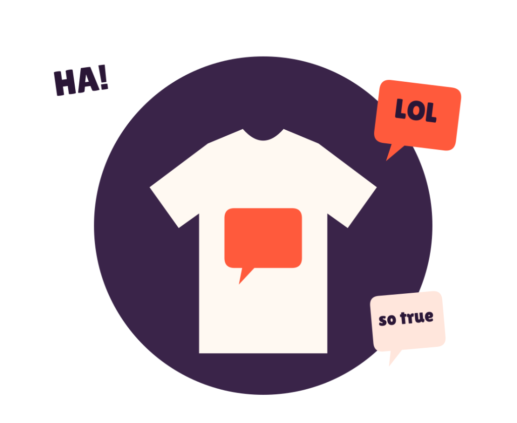 Illustrated tee surrounded by speech bubbles